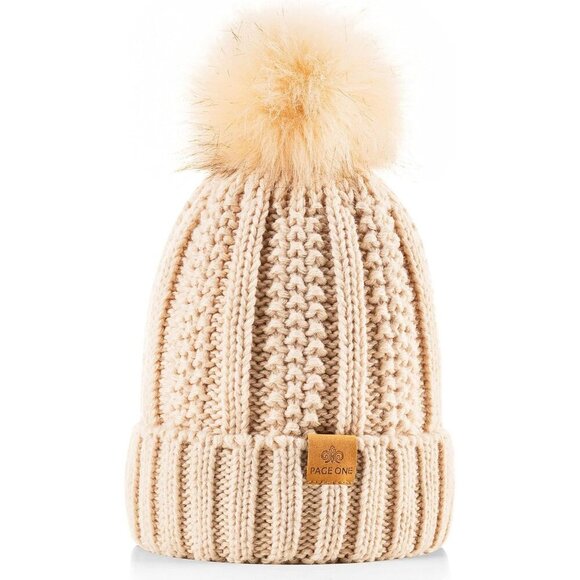Women\'s Faux Fur Fleece Lined Beige Winter Thick Knit Pom Skull Beanie Hat Cap main image 6